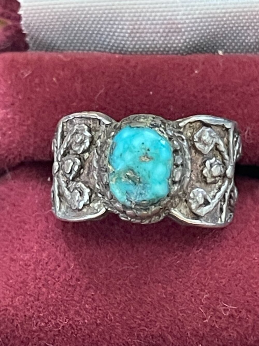 Vintage Silver Brutalist Rose Vine Ring Size 6 Pyrite Matrix Morenci Turquoise 6